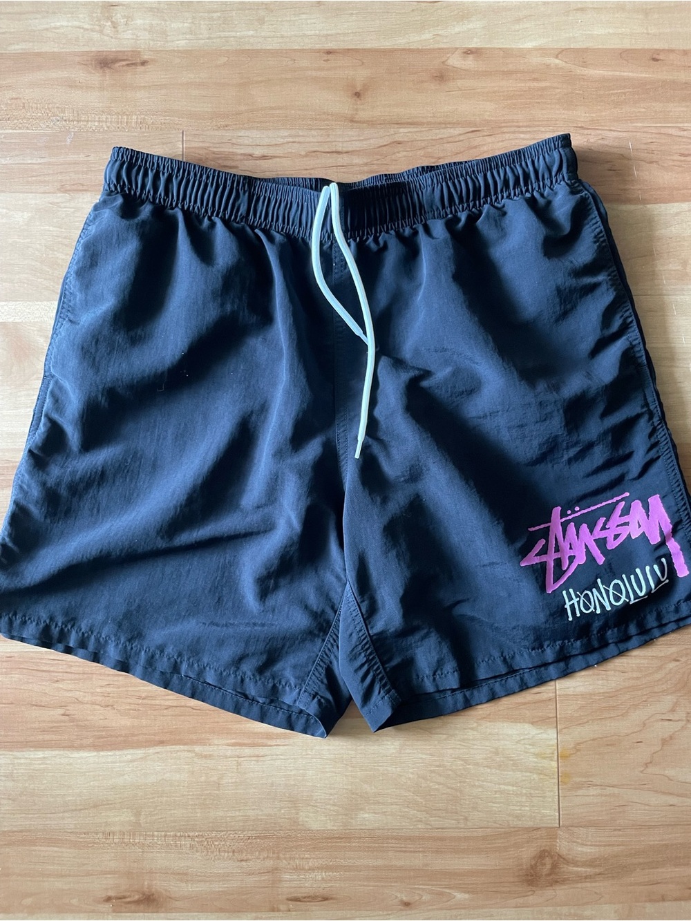Stussy Black Athletic Shorts with Pink Logo and White Drawcord